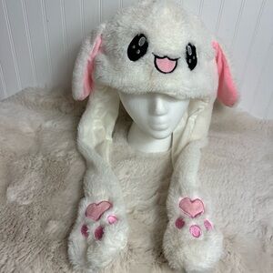 Plush bunny hat with moveable ear flaps ( inflatable bulb in scarf)